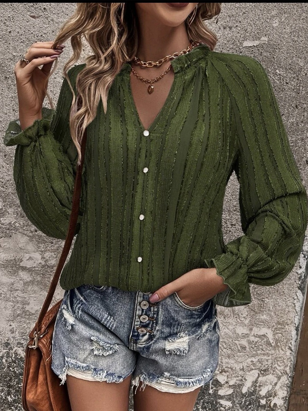 

BoStreet Green Striped Mandarin Collar Shirt Style Top