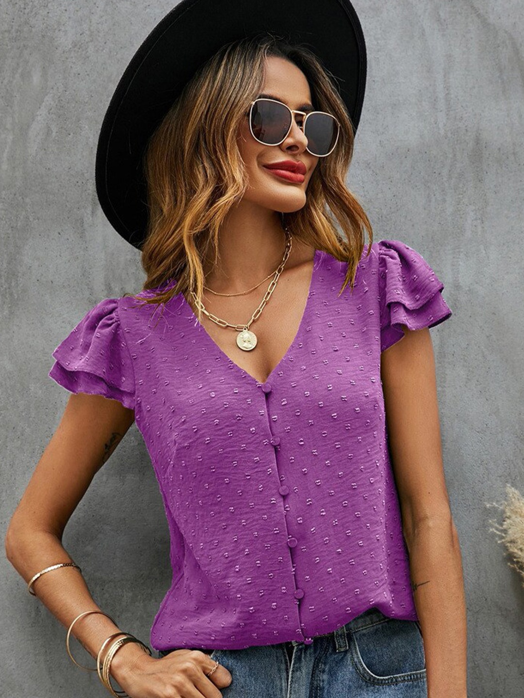 

BoStreet Purple Self Designed V-Neck Puff Sleeves Shirt Style Top