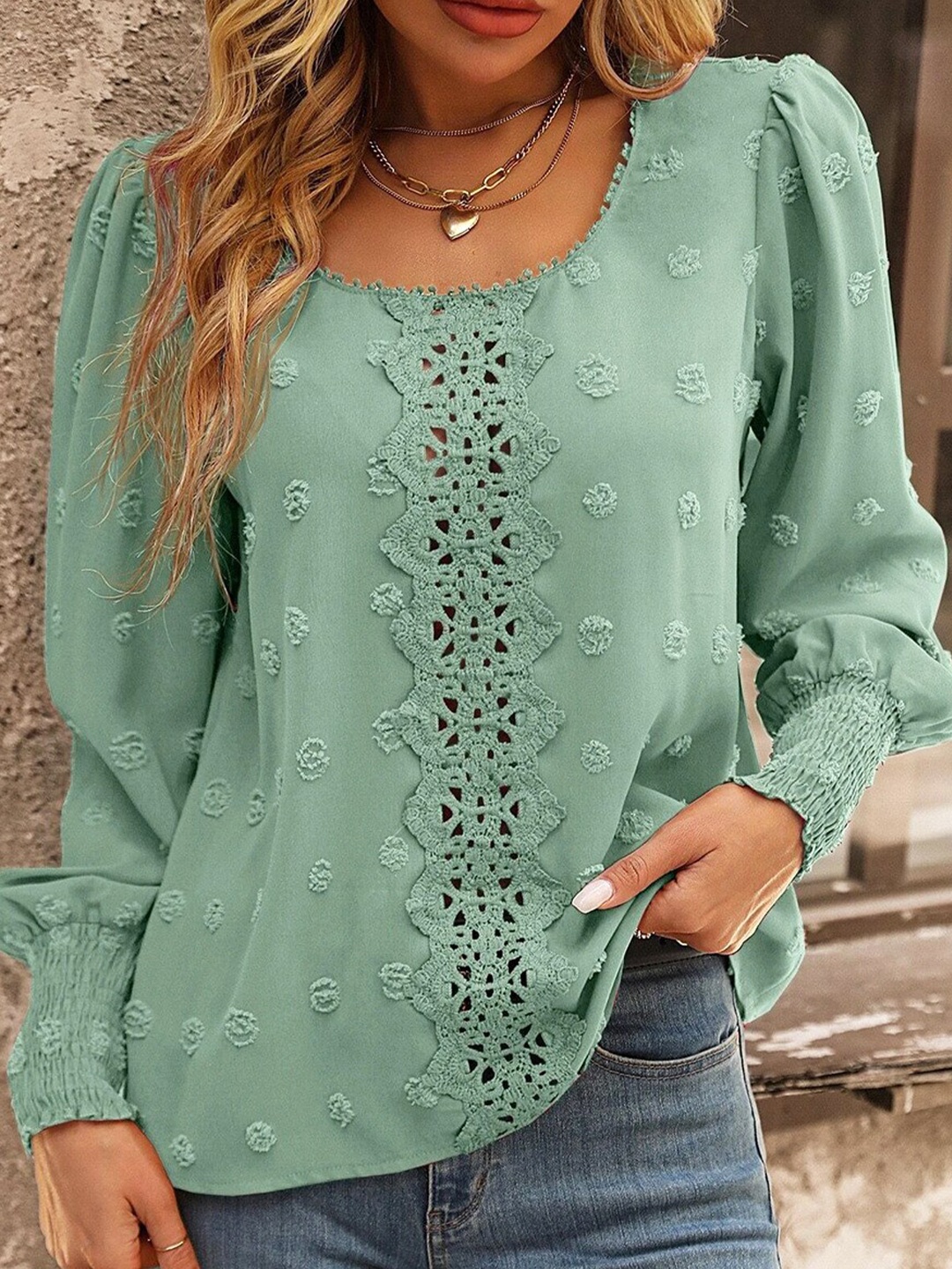 

BoStreet Green Self Design Puff Sleeves Top