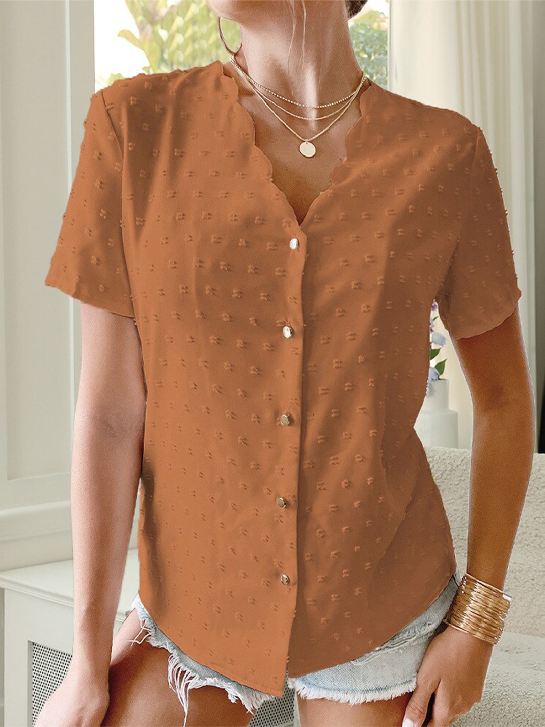 

StyleCast Orange-Coloured V-Neck Self Design Shirt Style Top