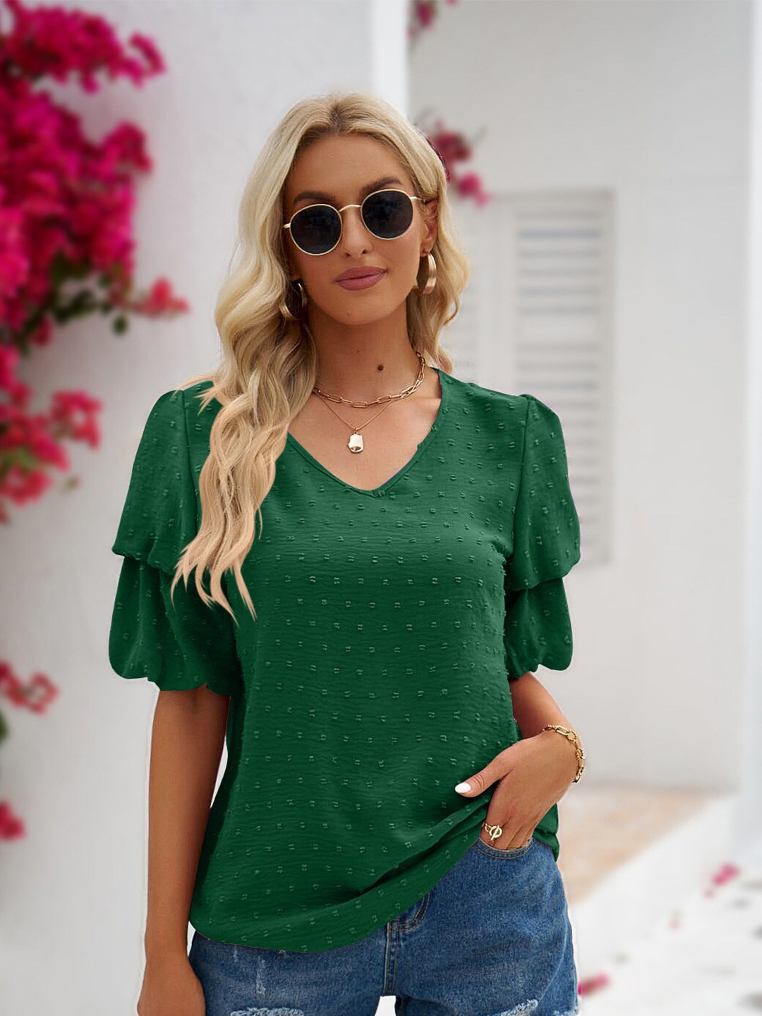 

BoStreet Green V-Neck Bell Sleeve Top