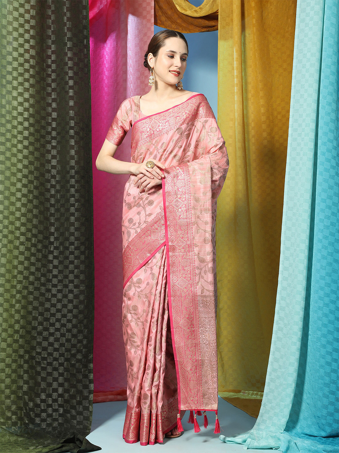 

PHEASANT Woven Design Zari Silk Cotton Saree, Pink