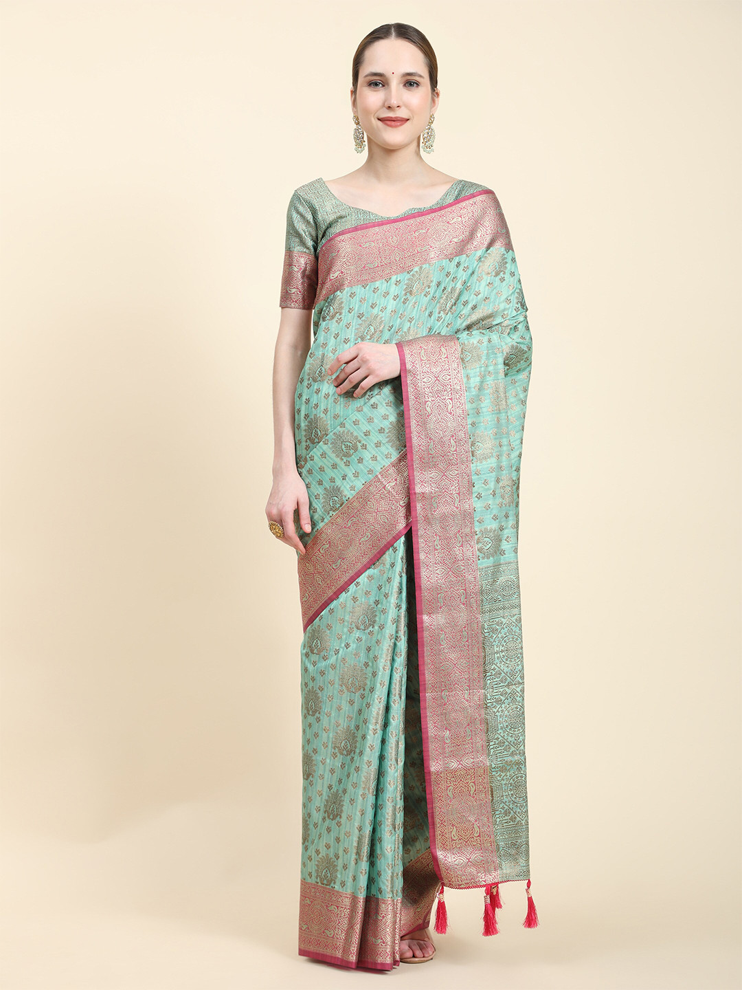 

PHEASANT Ethnic Motifs Woven Design Zari Silk Cotton Saree, Blue