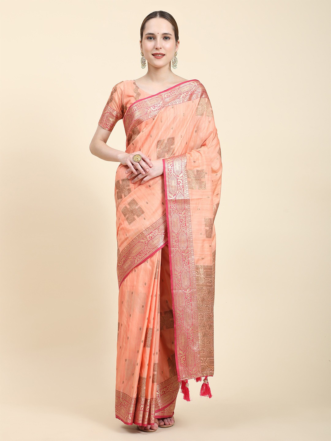 

PHEASANT Woven Design Zari Silk Cotton Saree, Peach