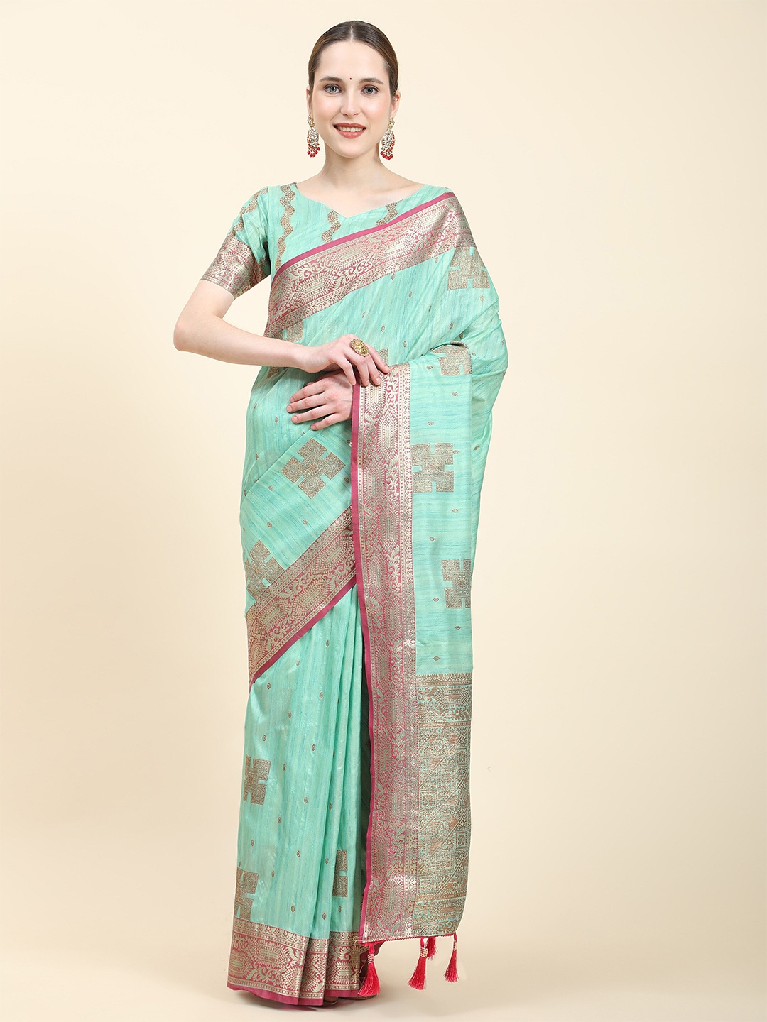 

PHEASANT Geometric Woven Design Zari Silk Cotton Saree, Blue