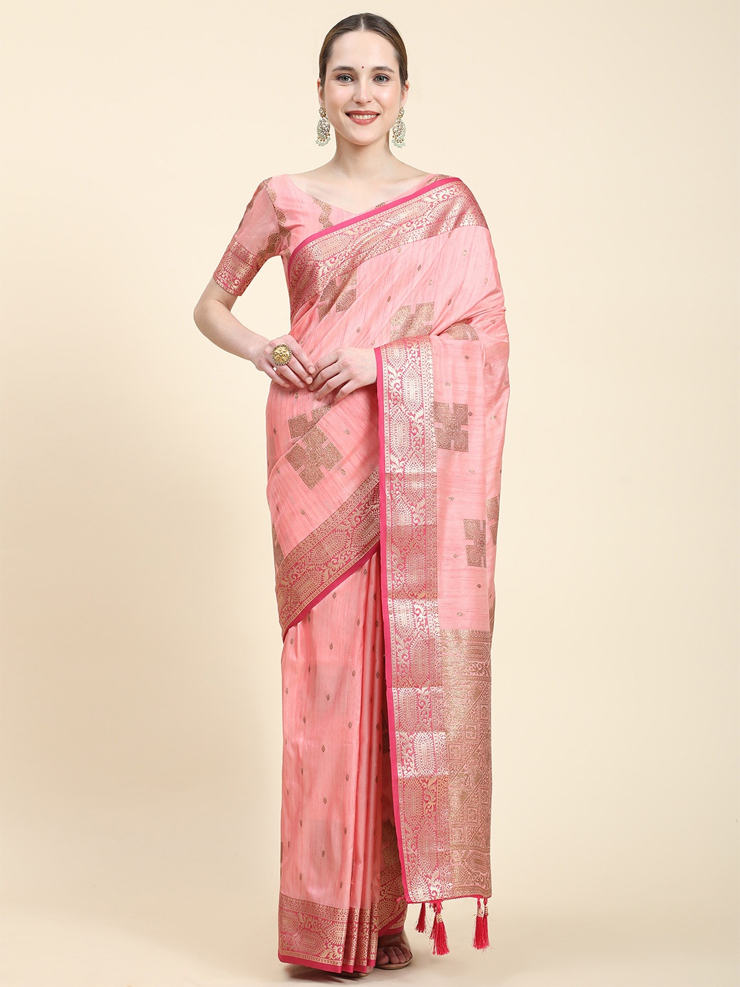 

PHEASANT Geometric Woven Design Zari Silk Cotton Saree, Pink