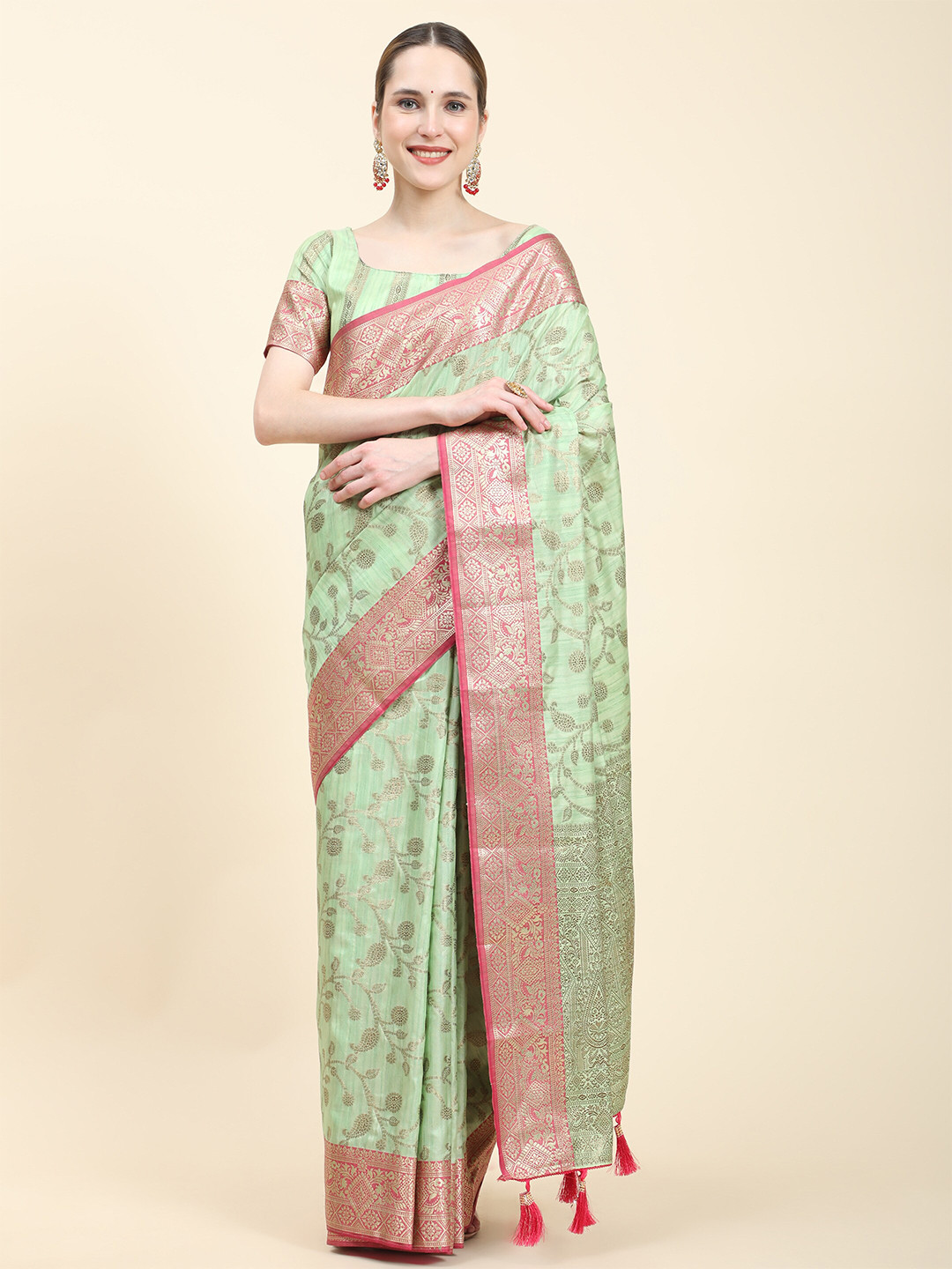

PHEASANT Floral Woven Design Zari Silk Cotton Saree, Green