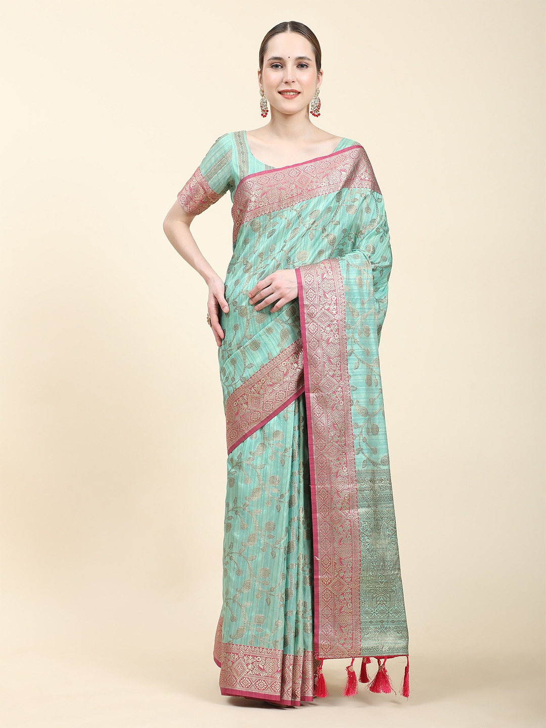 

PHEASANT Floral Woven Design Zari Silk Cotton Saree, Blue