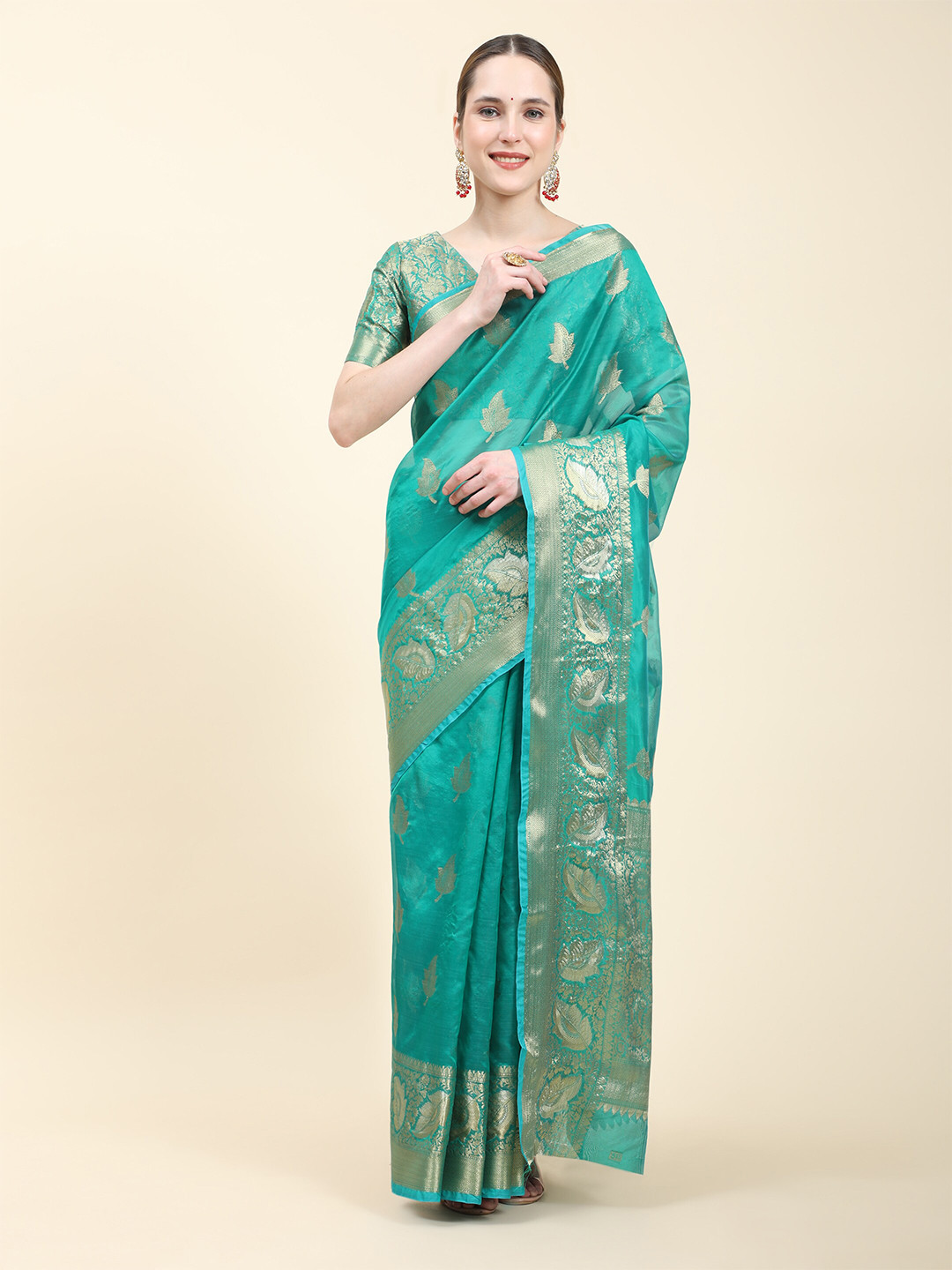 

PHEASANT Floral Woven Design Zari Organza Saree, Green