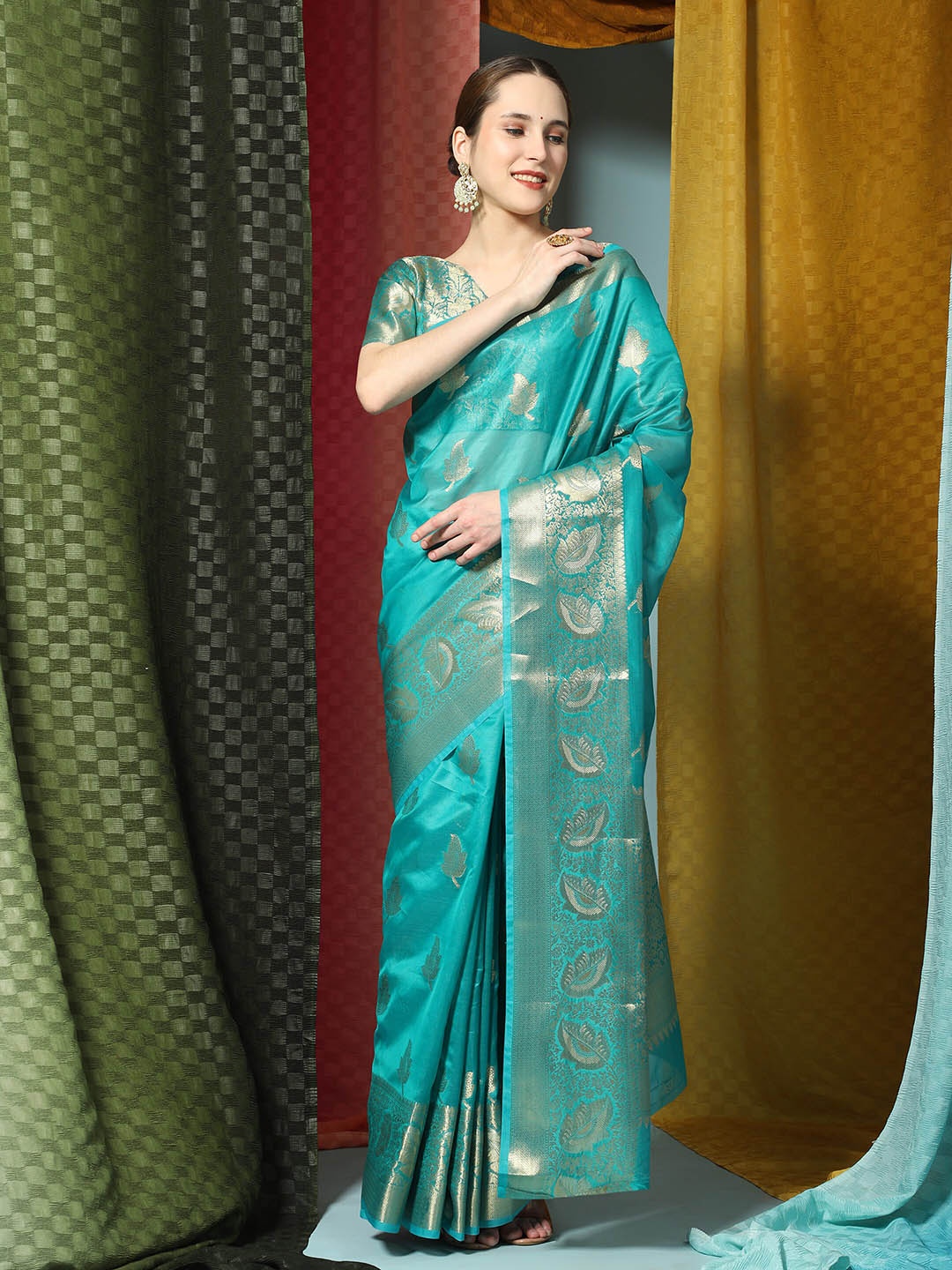 

PHEASANT Floral Woven Design Zari Organza Saree, Blue