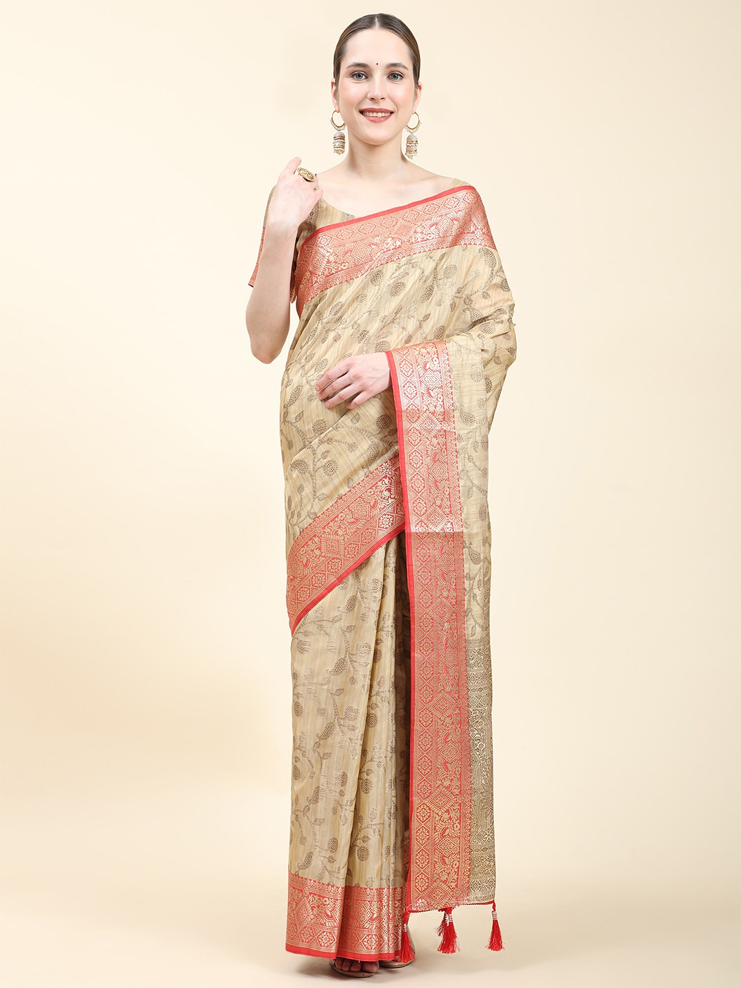 

PHEASANT Ethnic Motifs Woven Design Zari Silk Cotton Saree, Beige