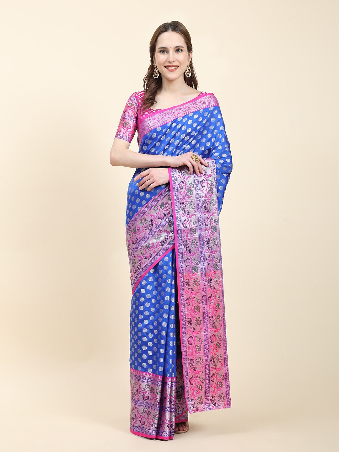 

PHEASANT Floral Woven Design Zari Saree, Blue