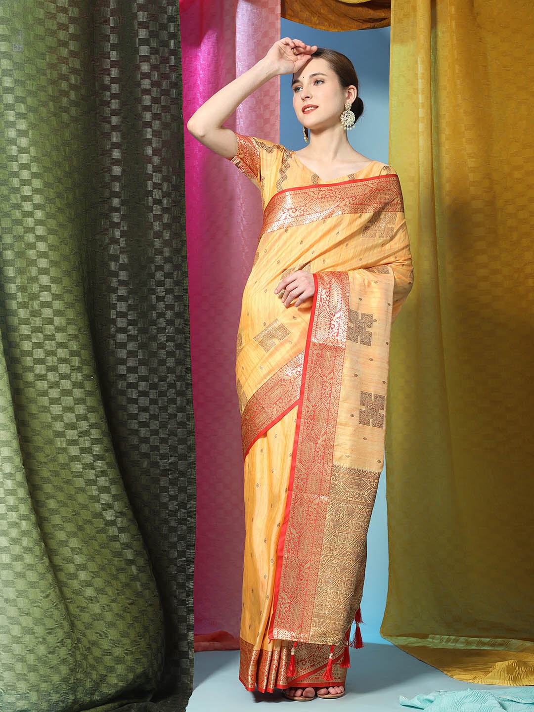 

PHEASANT Ethnic Motifs Woven Design Zari Silk Cotton Saree, Yellow