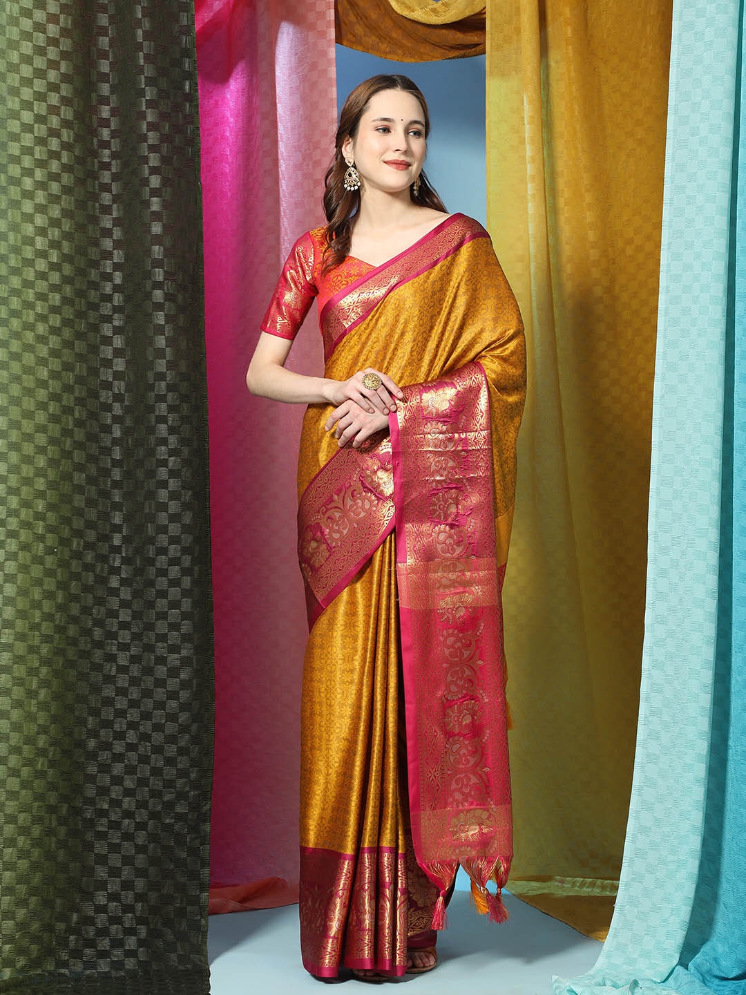 

PHEASANT Floral Woven Design Zari Silk Cotton Saree, Yellow