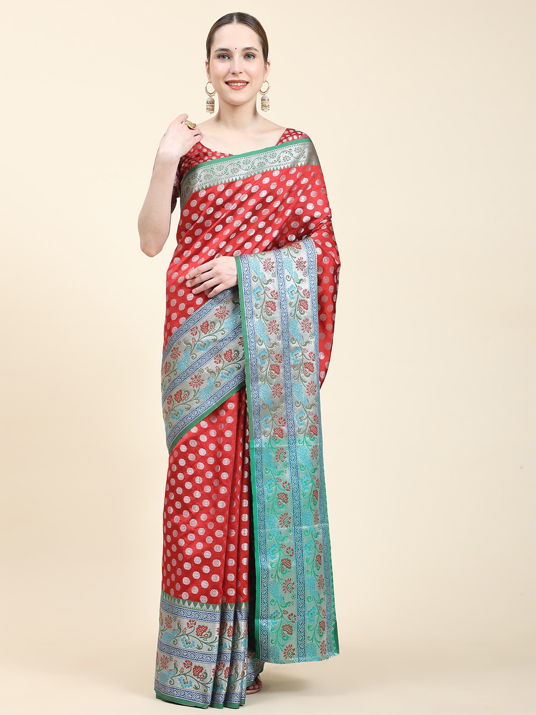 

PHEASANT Floral Woven Design Zari Saree, Red
