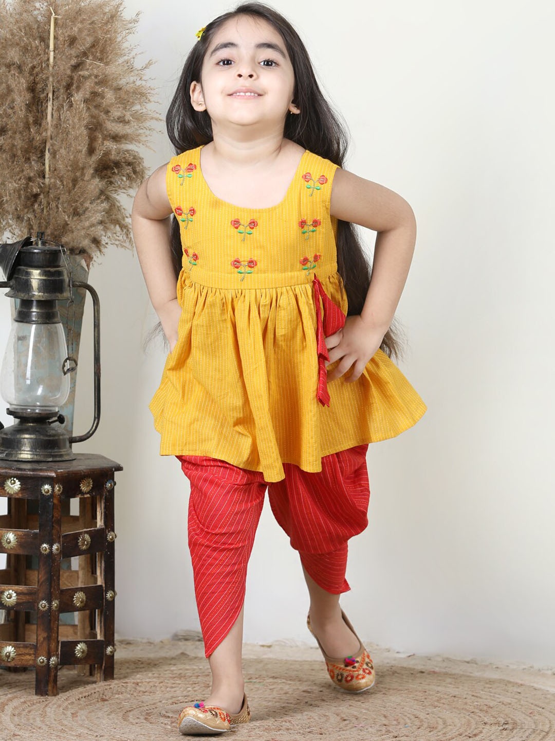 

Here&Now X Kinder Kids Girls Floral Yoke Design Empire Gotta Patti Pure Cotton Kurti With Dhoti Pants, Yellow