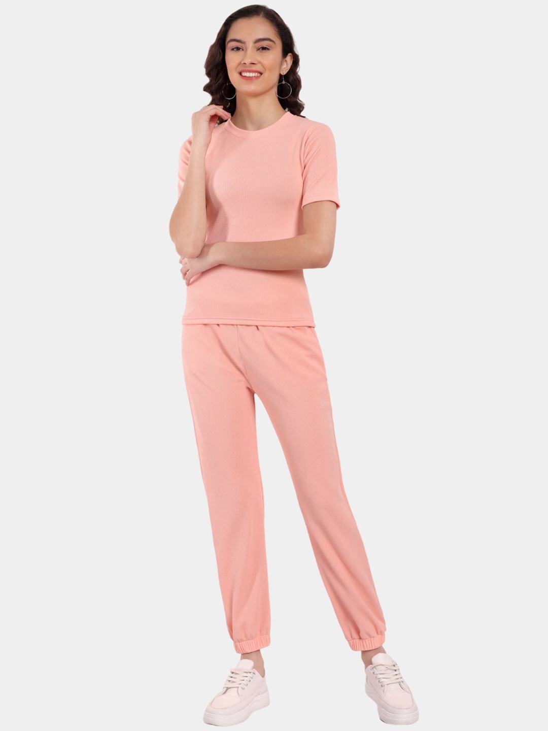

Morang Self Design Round Neck Tshirt With Joggers, Peach