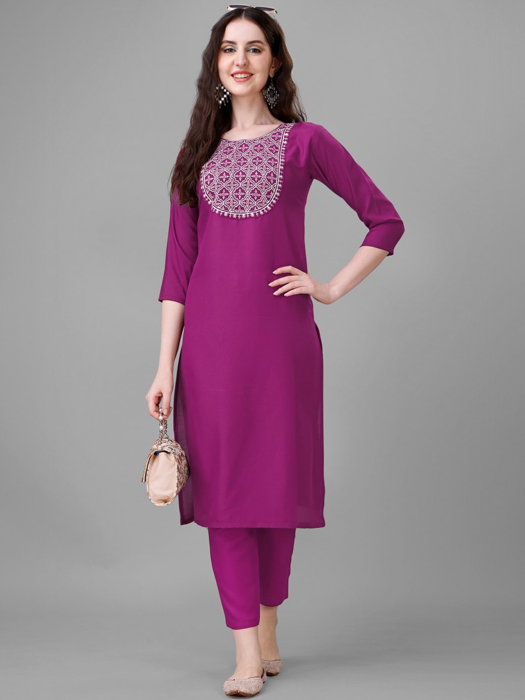 

Femvy Ethnic Motifs Yoke Design Thread Work Kurta With Trousers, Magenta