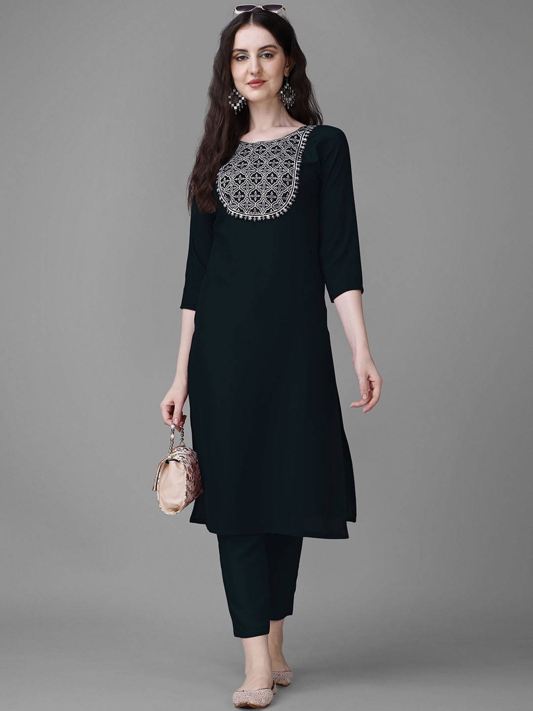 

Femvy Ethnic Motifs Yoke Design Sequined Straight Kurta With Trousers, Black
