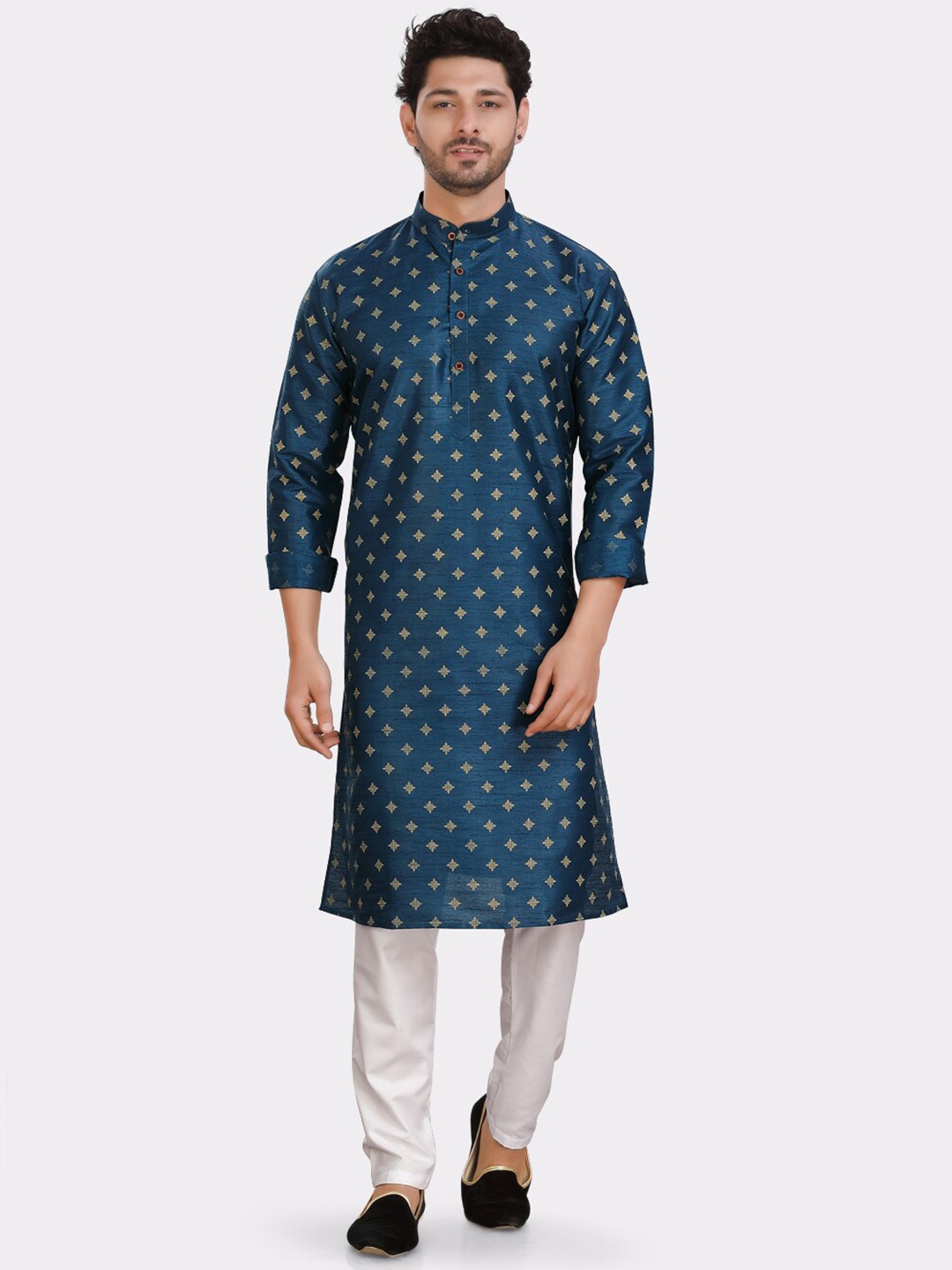 

SHIWAM ETHNIX Band Collar Geometric Printed Kurta, Blue