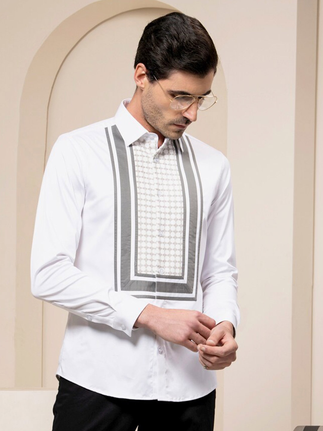 

ABKASA Printed Sharp Slim Fit Cotton Casual Shirt, White