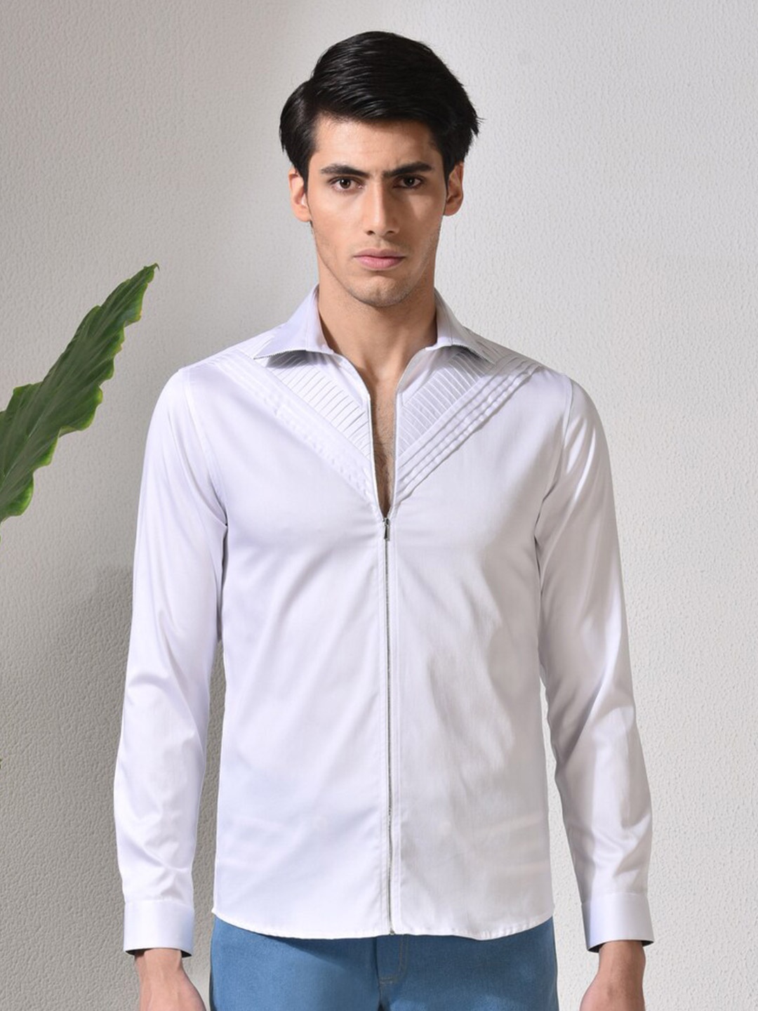

ABKASA Pleated Sharp Slim Fit Cotton Casual Shirt, White