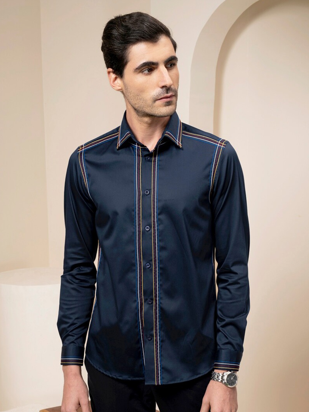 

ABKASA Sharp Slim Fit Cotton Casual Shirt, Navy blue