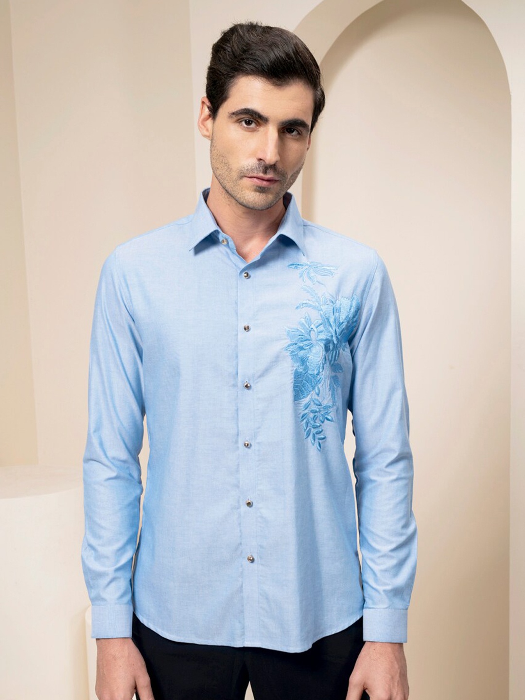 

ABKASA Embroidered Sharp Slim Fit Cotton Casual Shirt, Blue