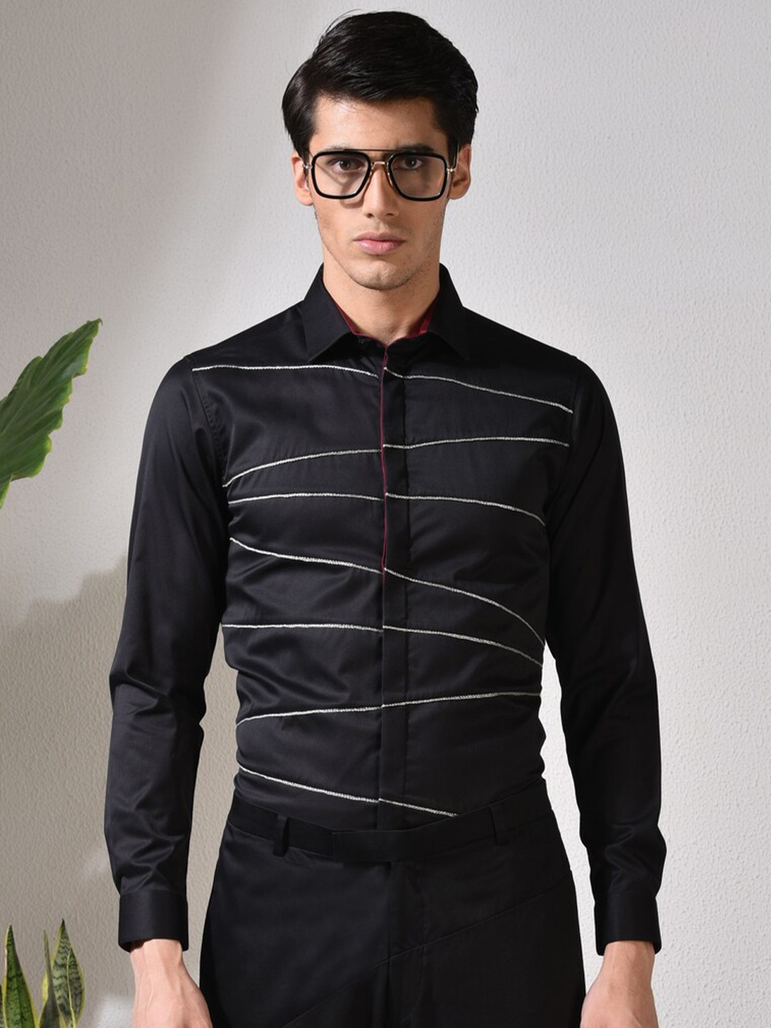 

ABKASA Striped Sharp Slim Fit Cotton Casual Shirt, Black