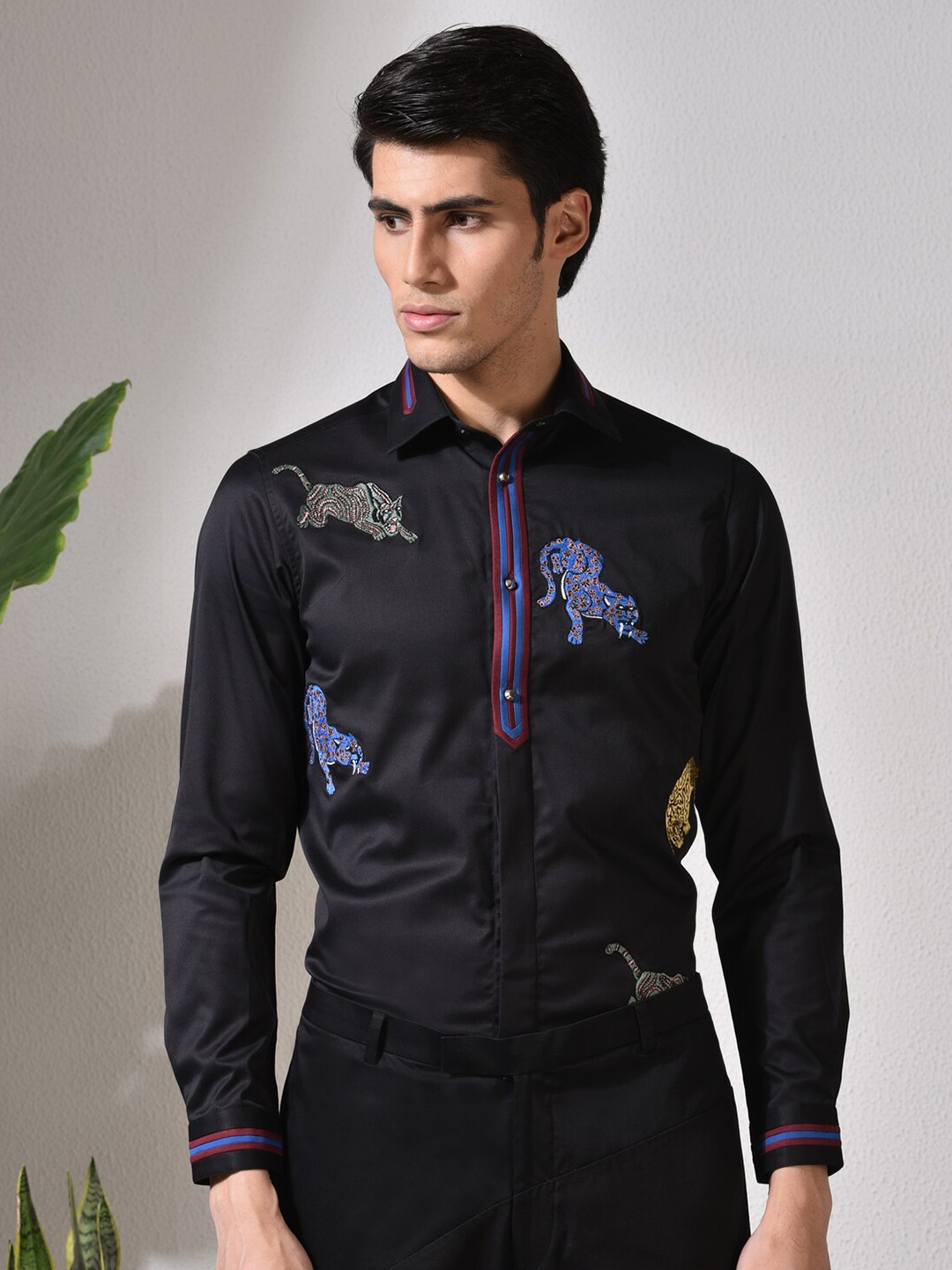 

ABKASA Embroidered Sharp Slim Fit Cotton Casual Shirt, Black