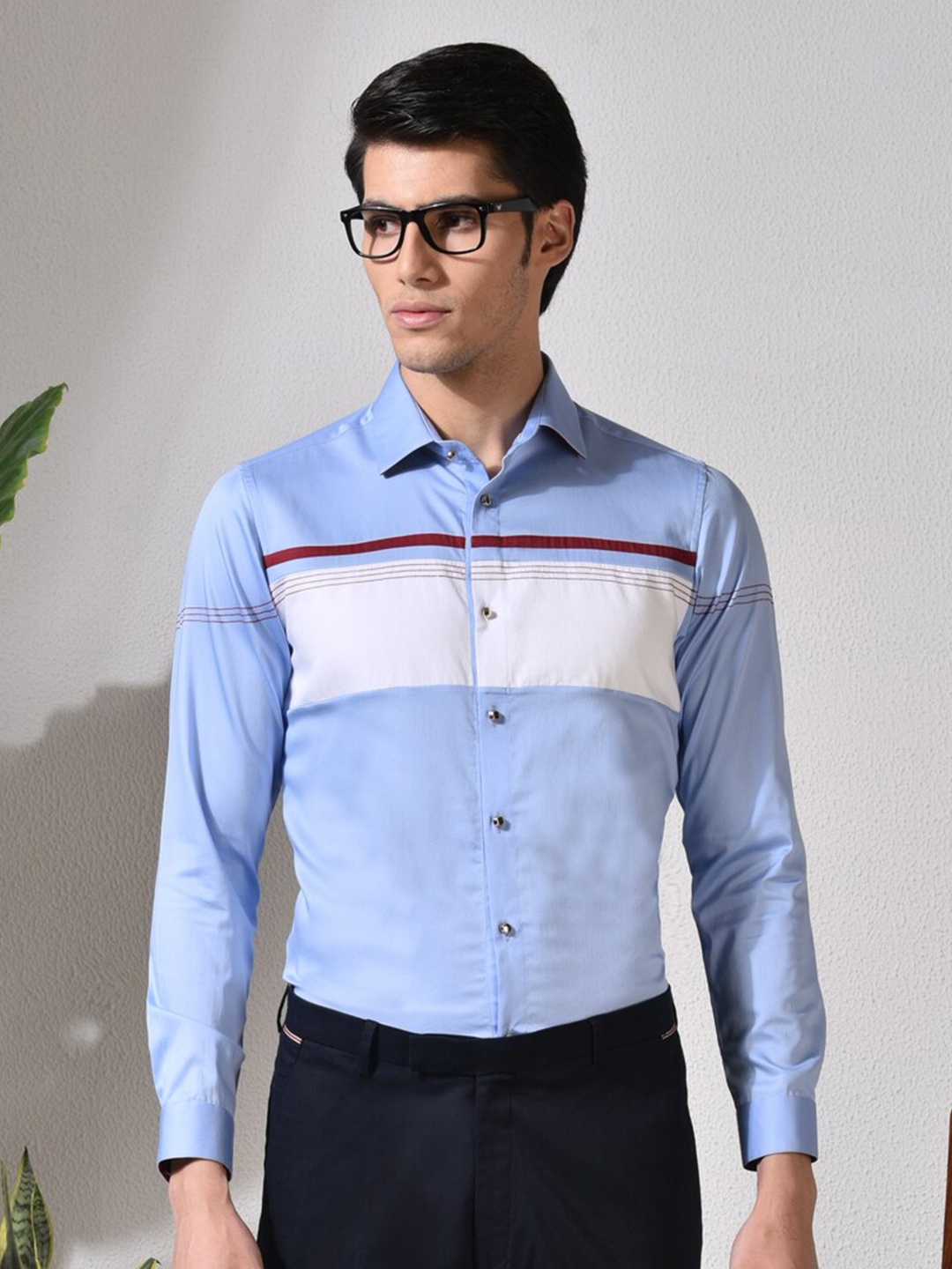 

ABKASA Sharp Slim Fit Opaque Cotton Casual Shirt, Blue