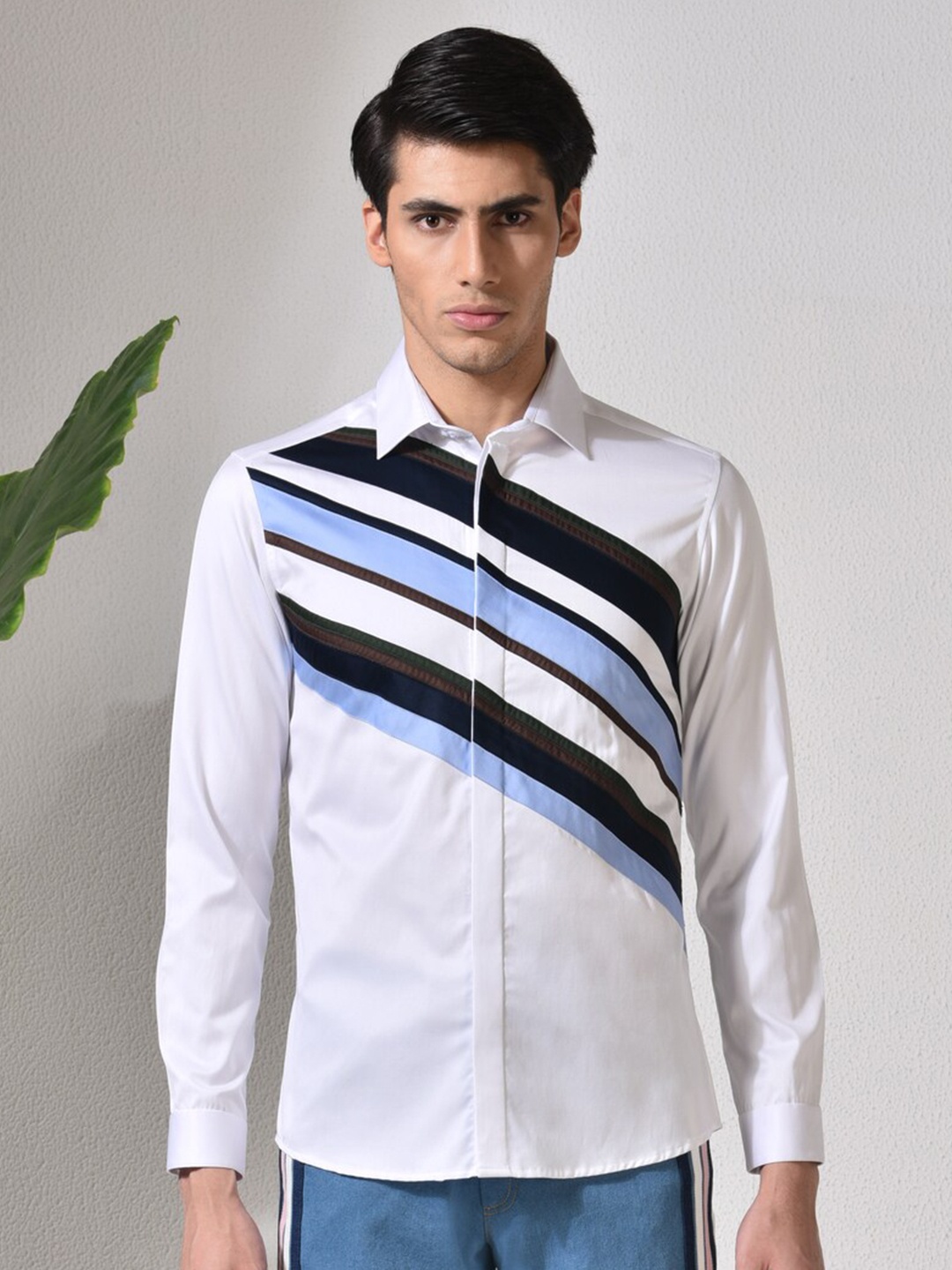 

ABKASA Sharp Slim Fit Opaque Striped Cotton Casual Shirt, White