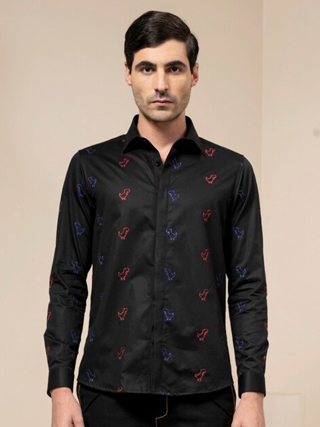 

ABKASA Sharp Slim Fit Opaque Printed Cotton Casual Shirt, Black