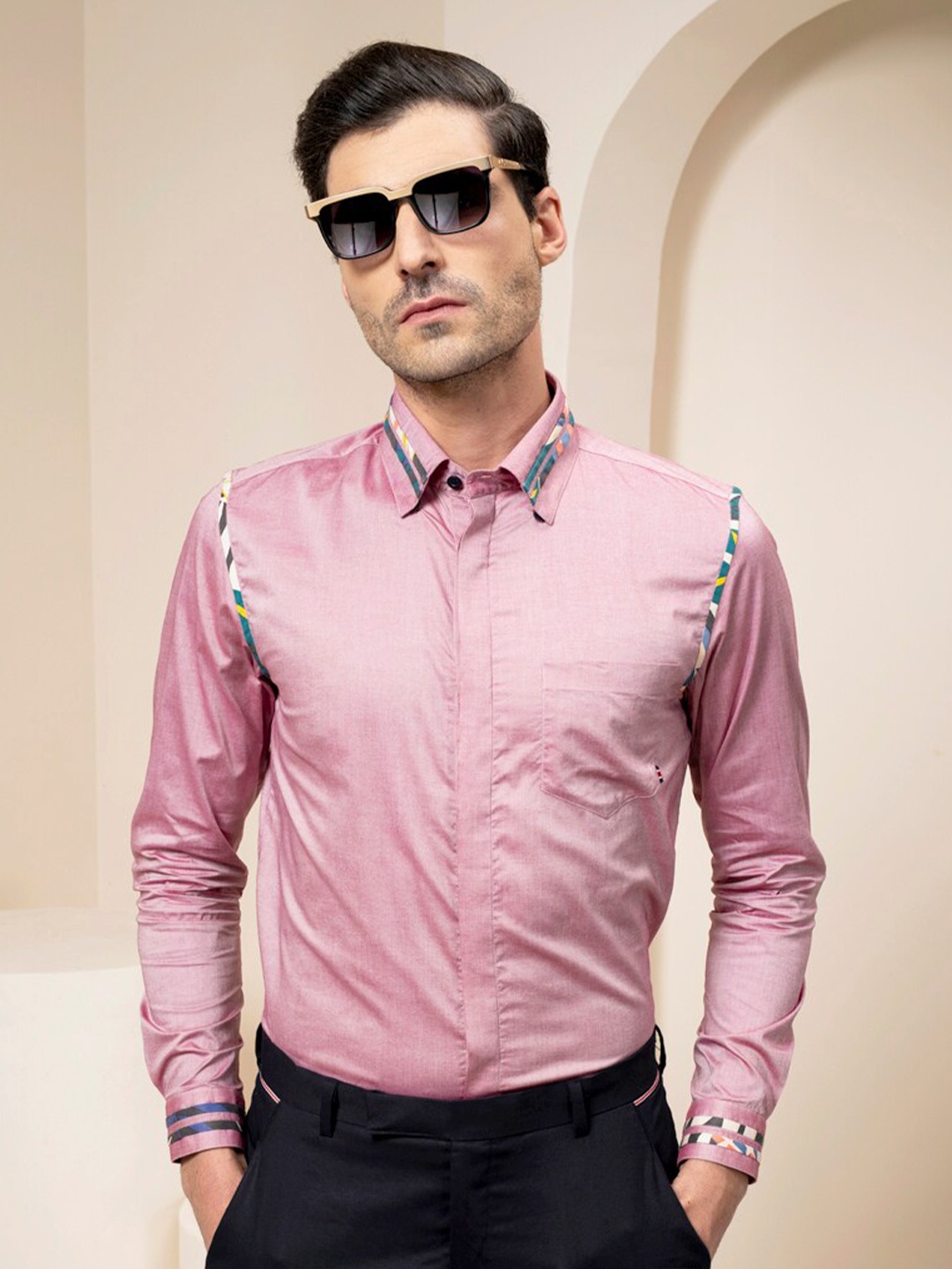 

ABKASA Sharp Slim Fit Opaque Cotton Casual Shirt, Pink