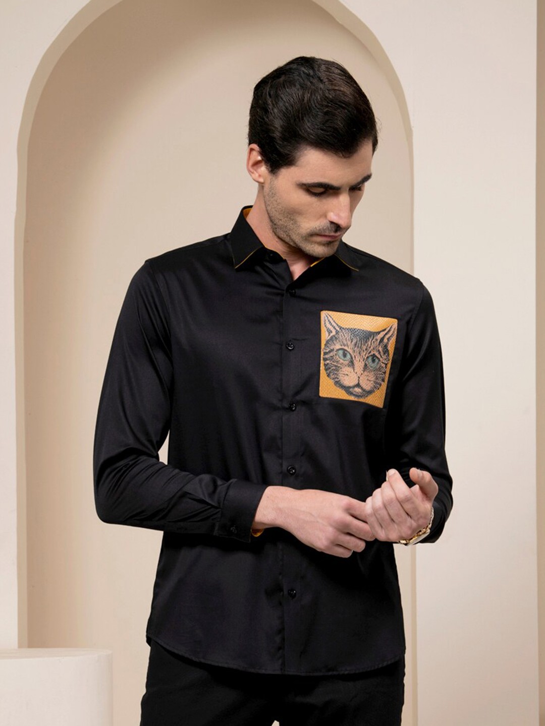 

ABKASA Sharp Slim Fit Opaque Cotton Casual Shirt, Black
