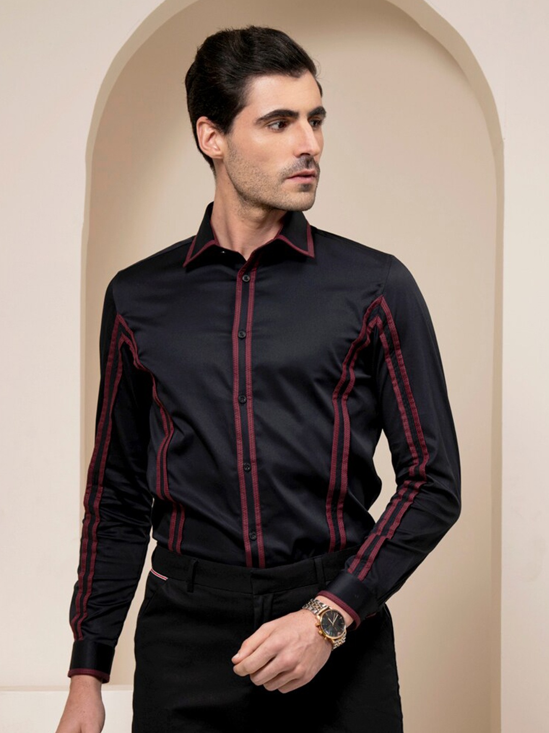 

ABKASA Sharp Slim Fit Cotton Casual Shirt, Black