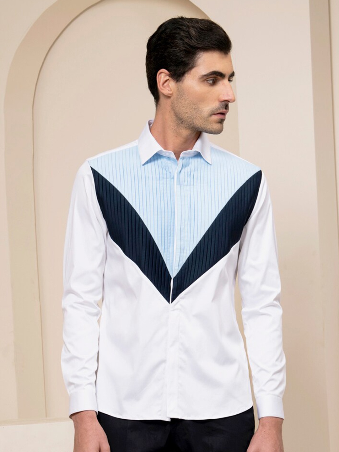 

ABKASA Sharp Slim Fit Colourblocked Cotton Casual Shirt, White