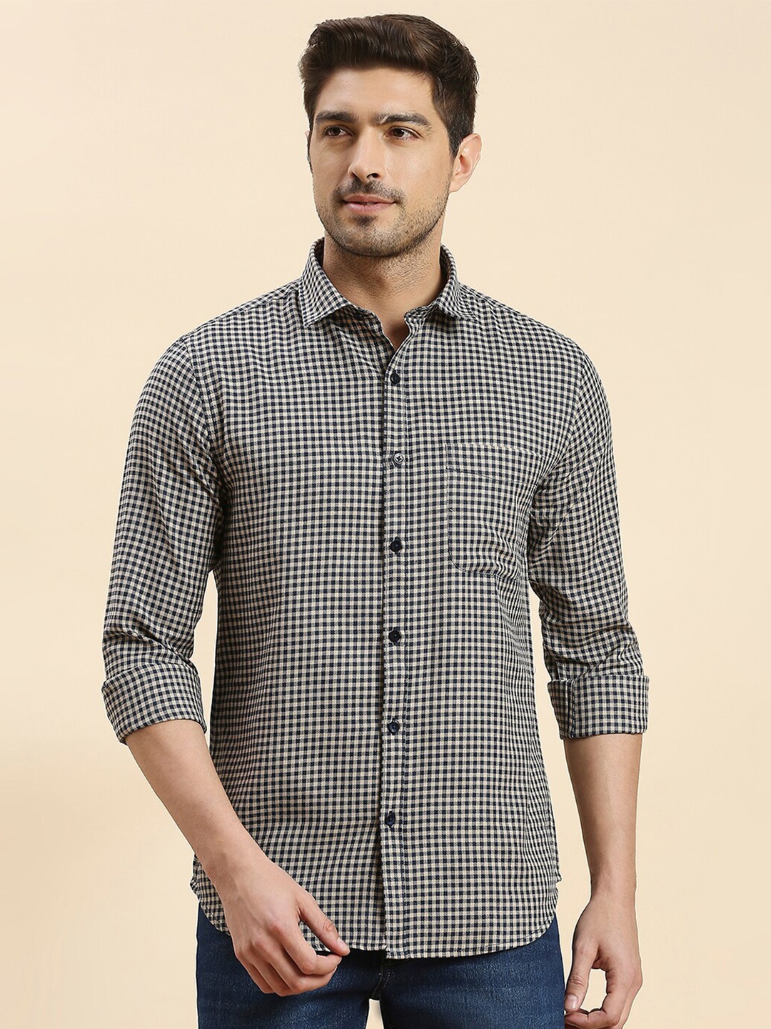 

INVICTUS Original Slim Fit Gingham Checks Opaque Checked Casual Shirt, Beige