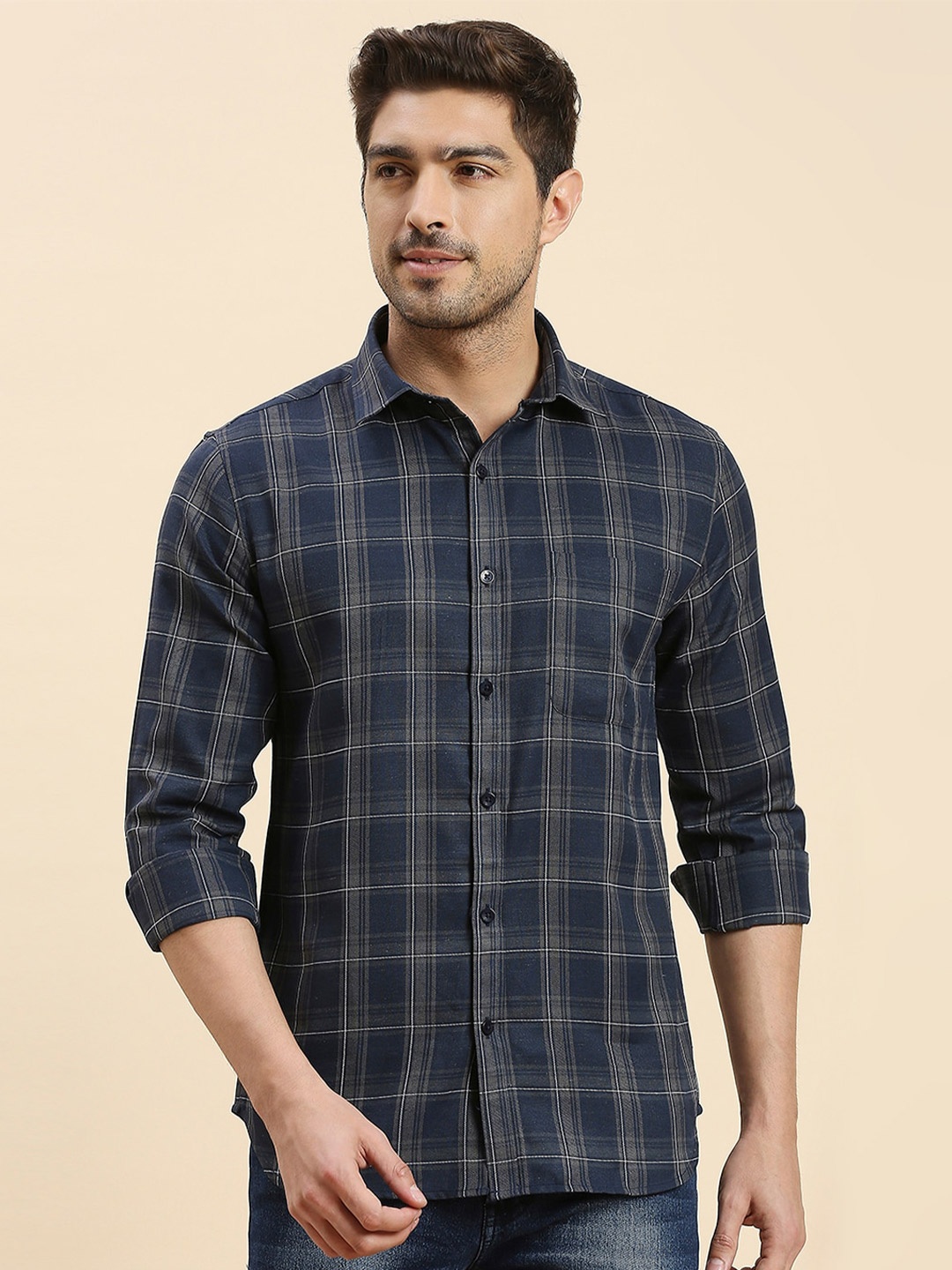 

INVICTUS Original Slim Fit Tartan Checks Opaque Checked Casual Shirt, Navy blue