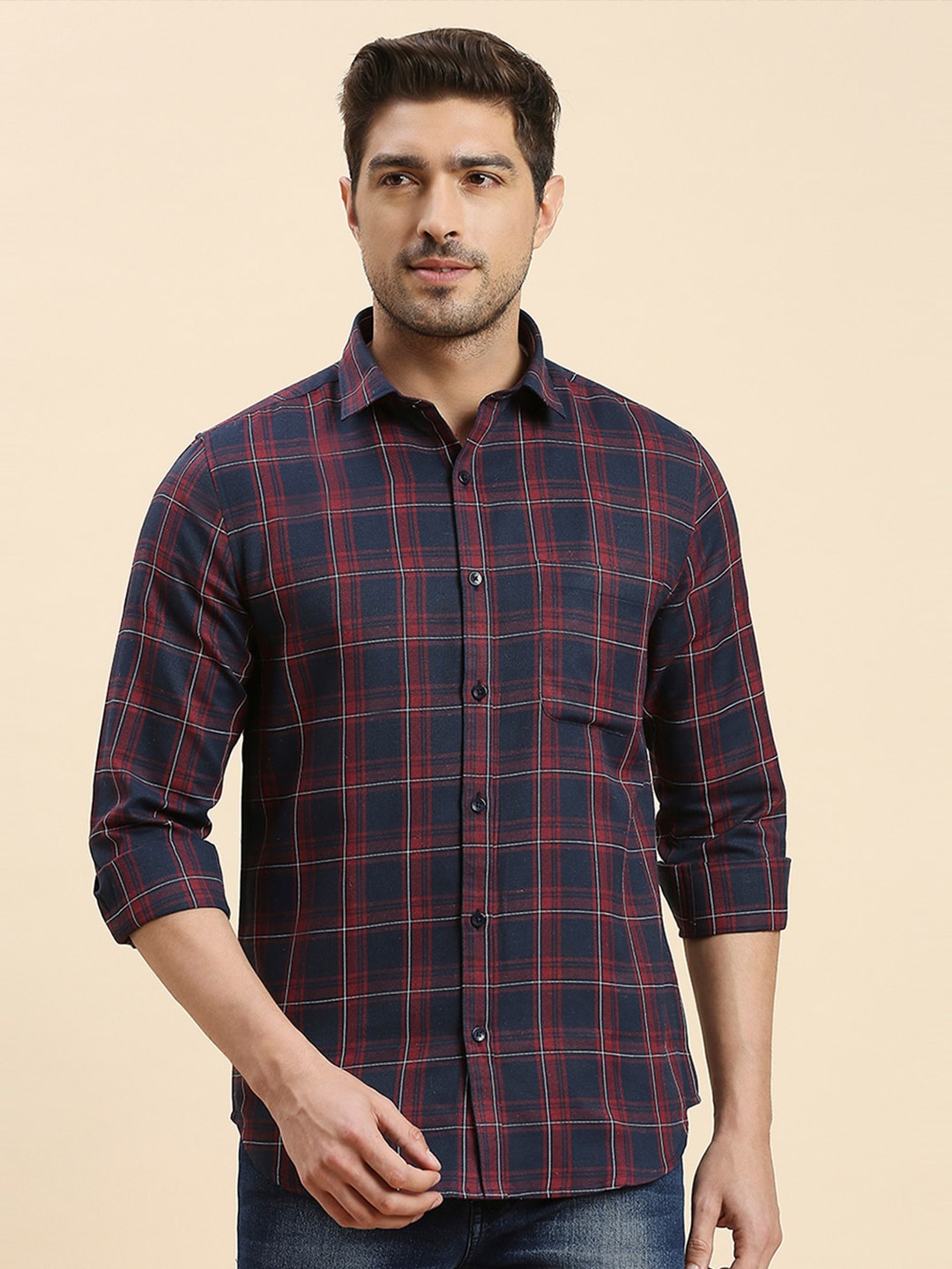 

INVICTUS Original Slim Fit Tartan Checks Opaque Checked Casual Shirt, Navy blue