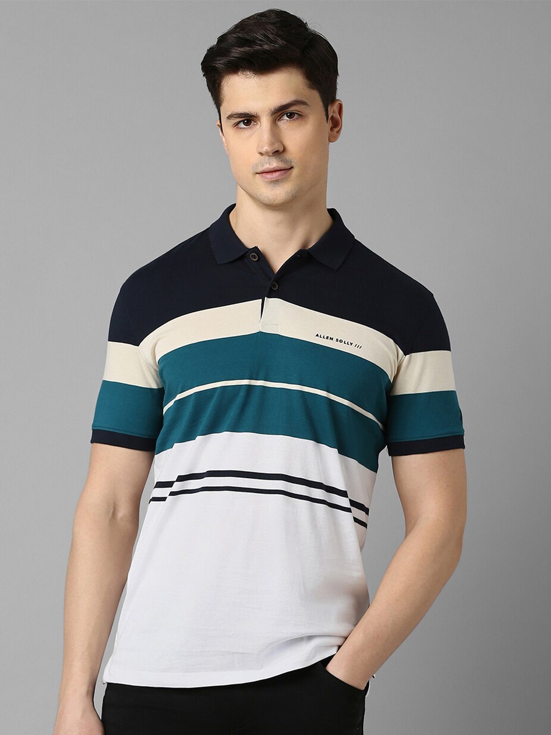 

Allen Solly Polo Collar Striped Pure Cotton T-shirt, White