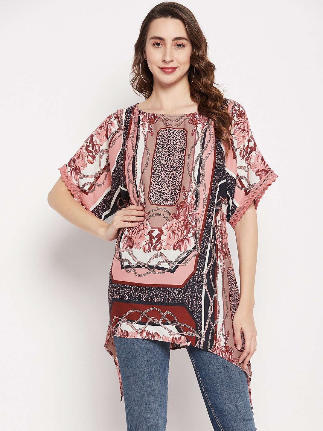 

Ruhaans Floral Printed Lace Insert Flared Sleeves Longline Top, Peach