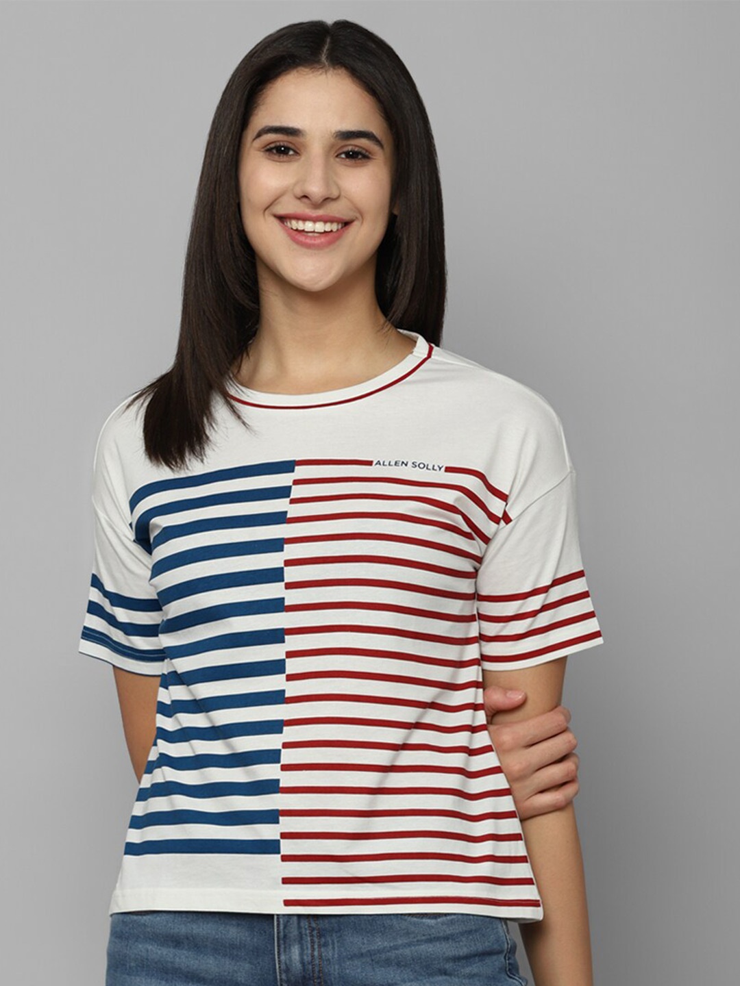 

Allen Solly Woman Striped Drop Shoulder Sleeves Pure Cotton T-shirt, White