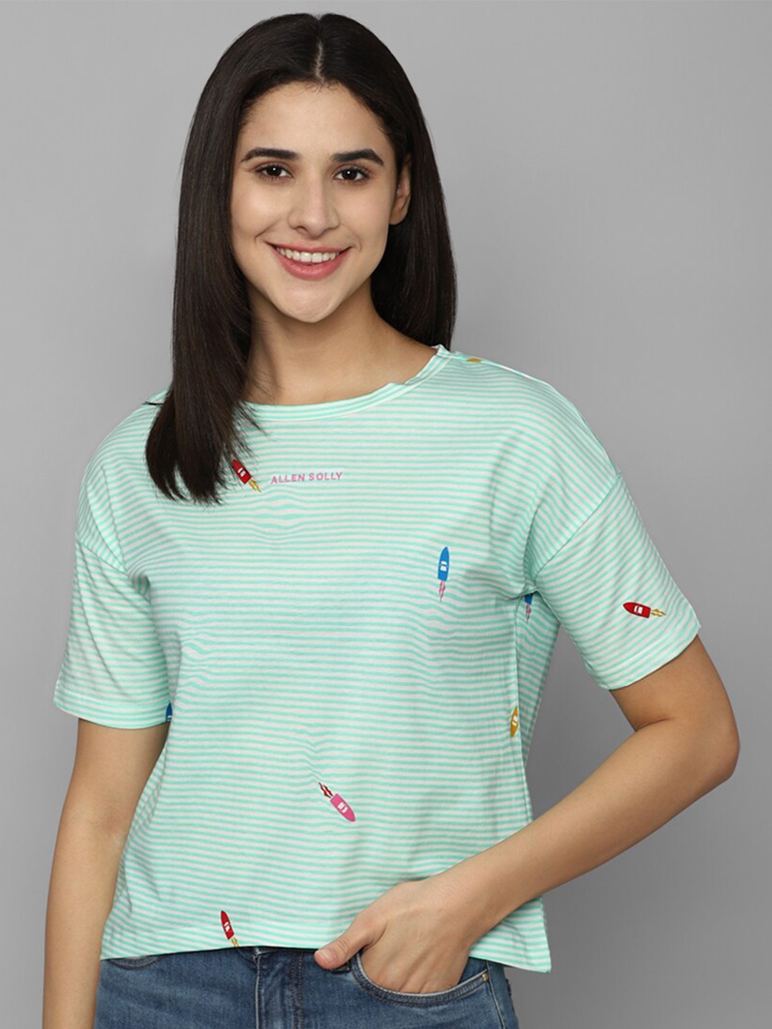 

Allen Solly Woman Striped Printed Cotton T-shirt, Sea green