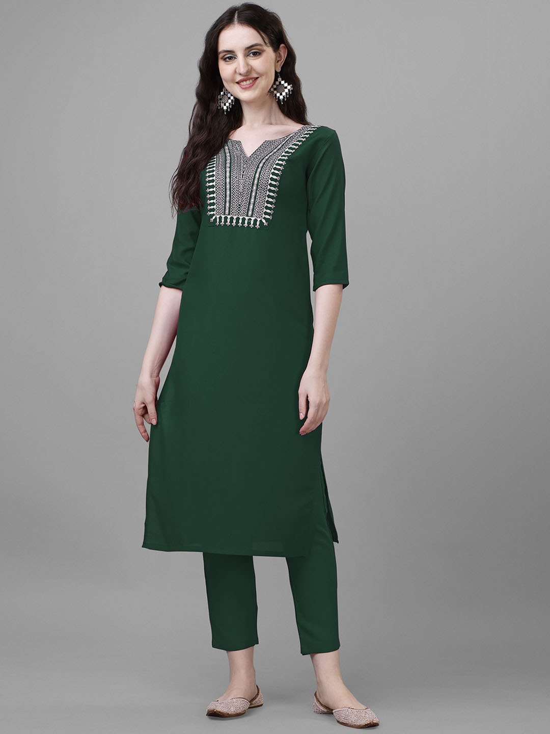 

Femvy Ethnic Motifs Yoke Design Thread Work Kurta With Trousers, Green