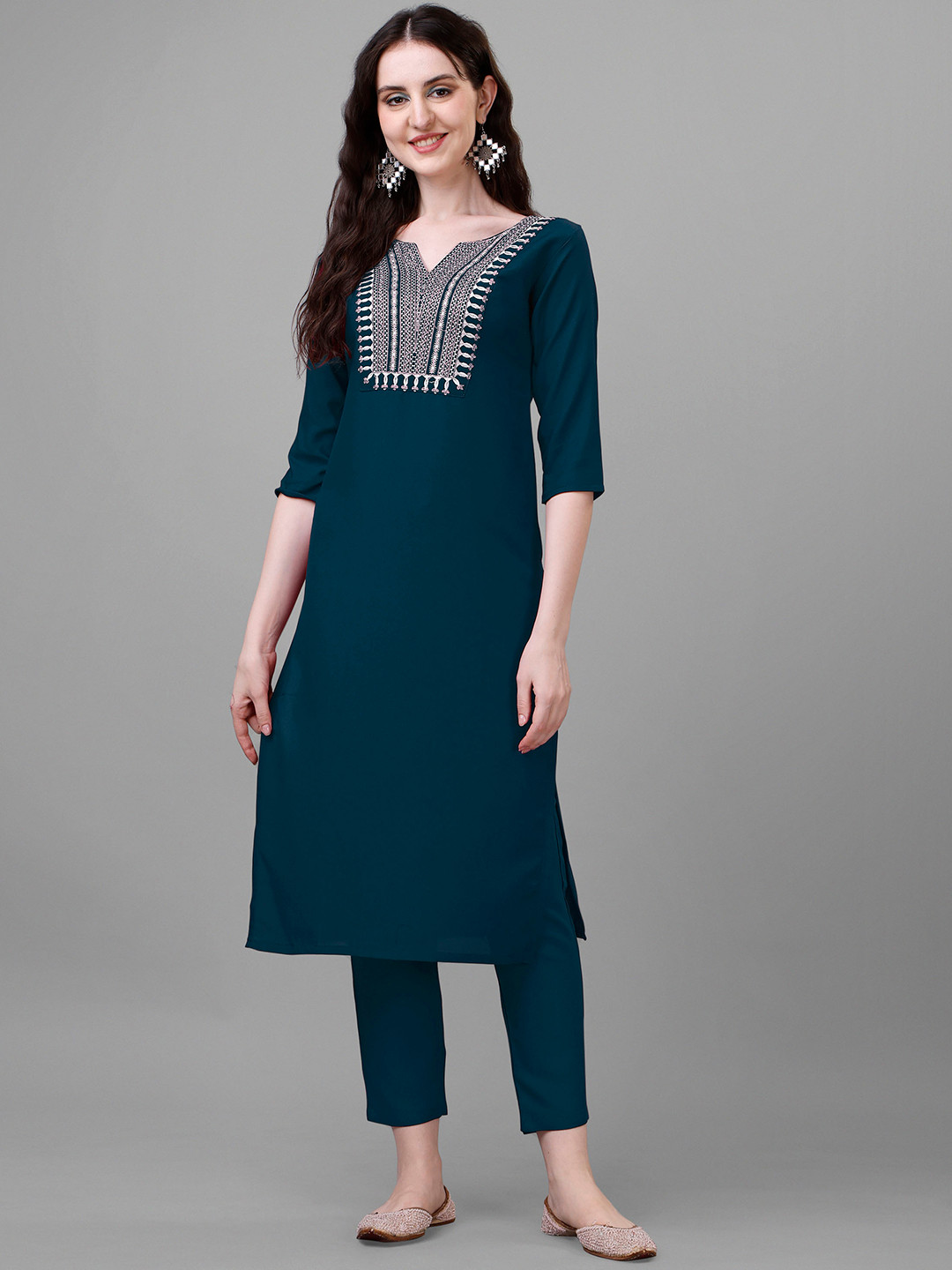 

Femvy Ethnic Motifs Yoke Design Thread Work Kurta with Trousers, Blue