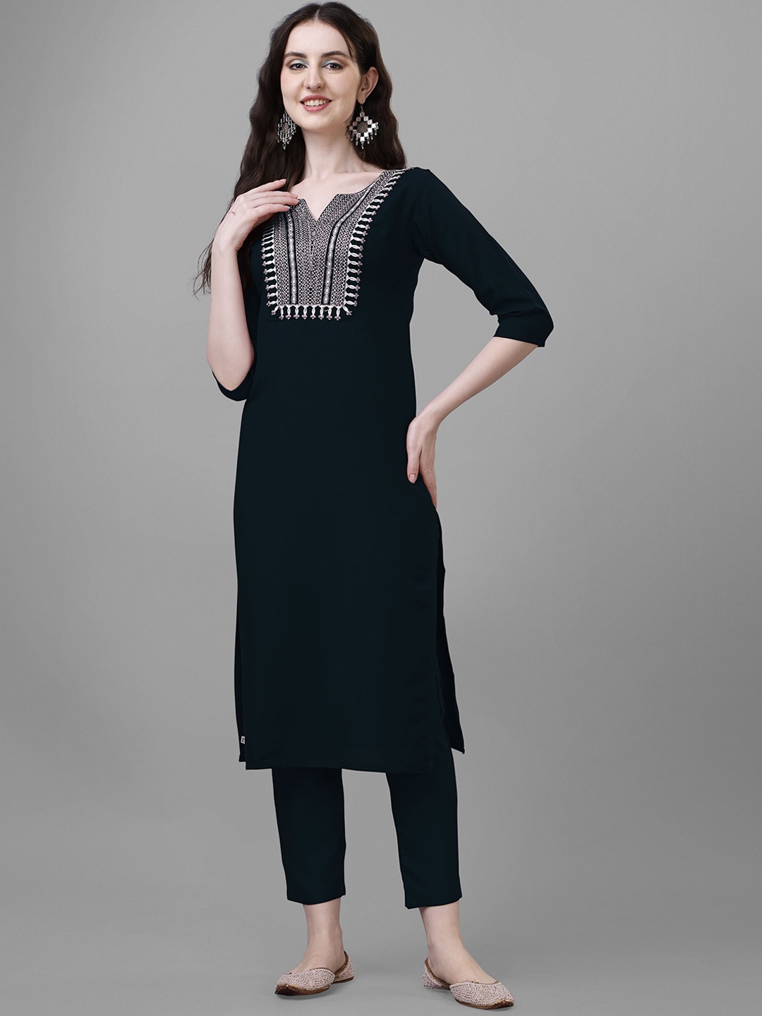 

Femvy Ethnic Motifs Yoke Design Thread Work Kurta With Trousers, Black