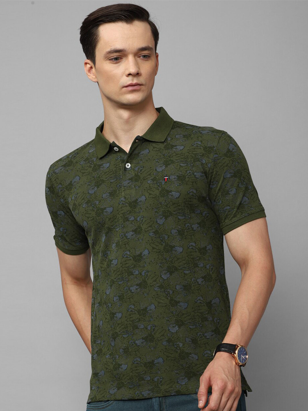 

Louis Philippe Jeans Floral Printed Polo Collar Slim Fit Pure Cotton T-shirt, Olive