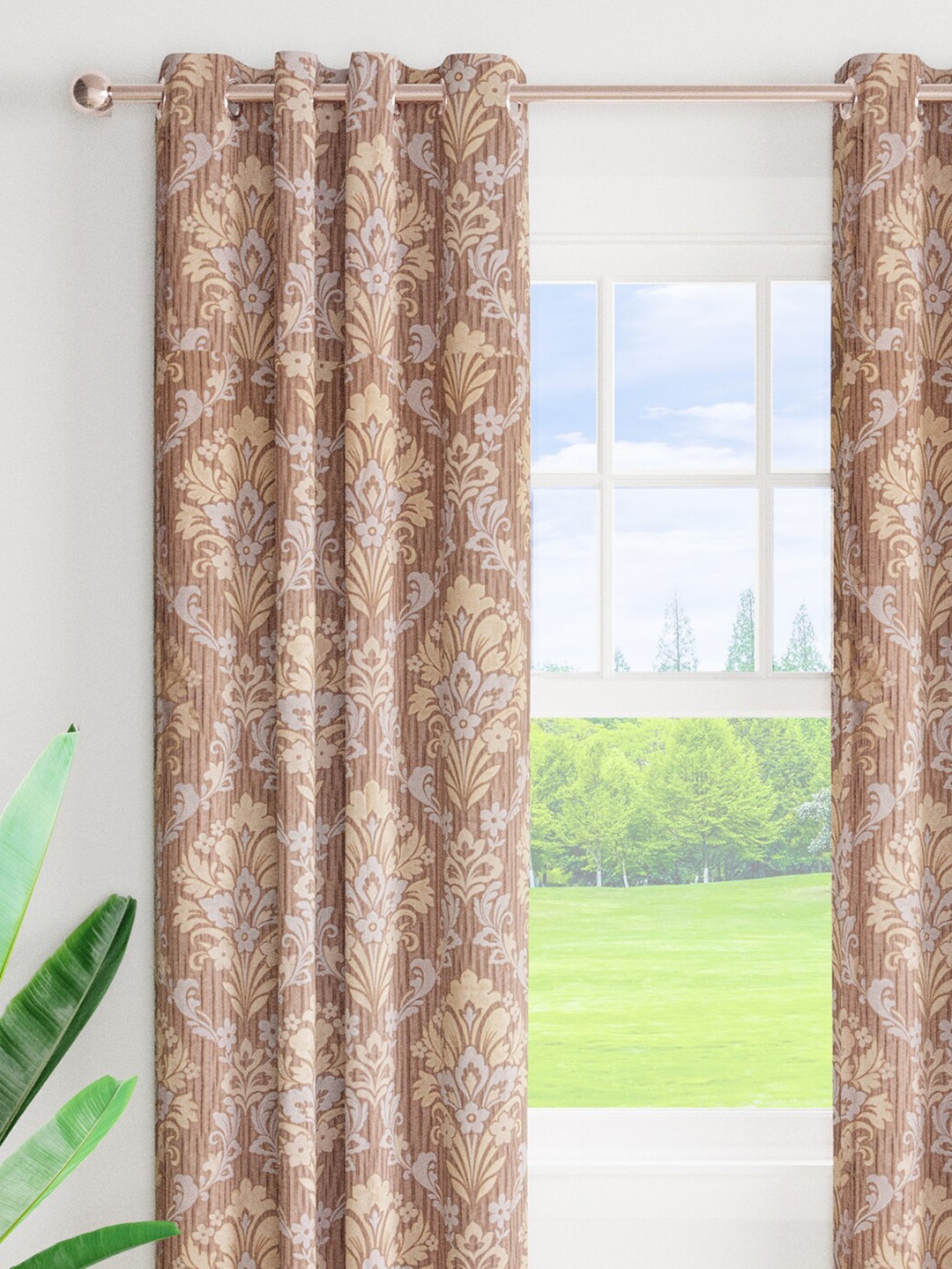 

Just Home Coffee Brown 2 Pieces Ethnic Motifs Room Darkening Jacquard Window Curtains