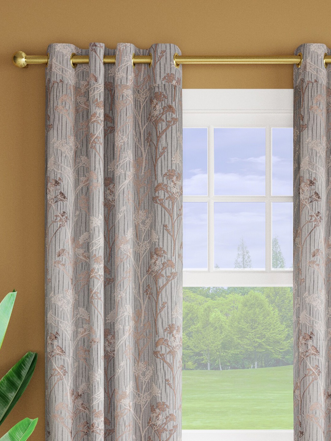 

Just Home 2 Pieces Grey & Gold-Toned Floral Jacquard Room Darkening Window Curtain